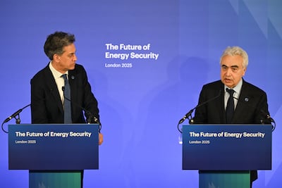 British Energy Secretary Ed Miliband, left, and IEA executive director Fatih Birol at the Future of Energy Security summit in London on Friday. EPA