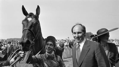 The Aga Khan, greets French jockey Yves Saint-Martin at Chantilly Racecourse, France, on June 3, 1979. AFP
