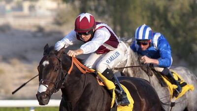Richard Mullen rode Mawhub, right, to the win in Race 6 after earlier taking Spin Cycle to victory lane for trainer Satish Seemar at Jebel Ali. Jeffrey E Biteng / The National