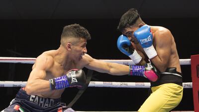 Emirati boxer Fahad Al Bloushi boxing with Suraj from India at the Rotunda, Ceasar's Palace, Bluewaters Island, Dubai. Leslie Pableo for The National