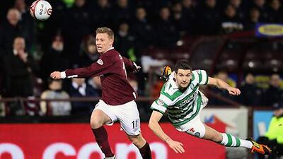 Hearts winger Andrew Driver challenges Celtic's Charlie Mulgrew