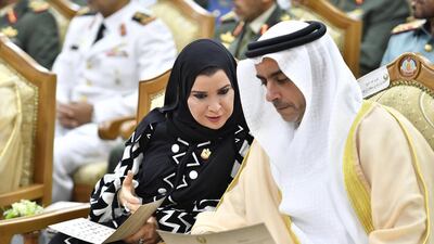 Sheikh Saif bin Zayed, Deputy Prime Minister and Minister of the Interior, and Dr Amal Al Qubaisi, Speaker of Federal National Council, attend the graduation ceremony of the fourth session of the National Defence College in Abu Dhabi. Wam