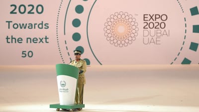Ghaith Al Suwaidi, Director of Dubai Police Academy, gives a speech at the graduation ceremony.