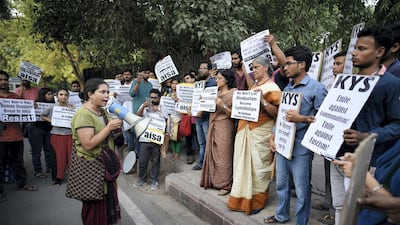 Members of All India Students Association (AISA) hold placards as they protest against the mob lynchings in the country, at Parliament street, on June 22, 2018 in New Delhi, India. (Photo by Burhaan Kinu/Hindustan Times via Getty Images)