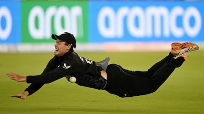 Mark Chapman of New Zealand tries but fails to catch out India's Abhishek Sharma. Getty Images