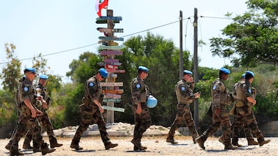 French UN peacekeepers in the southern Lebanese border town of Naqoura. Lebanon's economic crisis is pushing its government to search for offshore hydrocarbons but a maritime border dispute with Israel continues to frustrate Beirut. AP