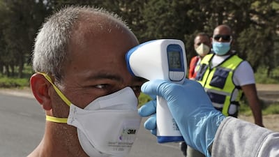 Employees at the Palestinian ministry of health check the temperature of a worker returning from Israel through the Tarqumiah crossing, north-west of the West Bank city Hebron. AFP
