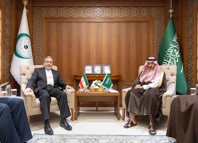 Prince Faisal bin Farhan meets Syrian Foreign Minister Asaad Al Shibani on the sidelines of the Organisation of Islamic Co-operation forum, in Jeddah. Reuters