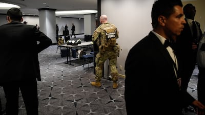 A Natoinal Guard officer responds to reports of a shooting during the White House Correspondents' Association (WHCA) dinner in Washington, DC, US on Saturday, April 25, 2026. President Donald Trump and Vice President JD Vance were evacuated from the White House Correspondents’ Association dinner event in Washington Saturday following a security incident at the venue. Photographer: Yuri Gripas / Abaca / Bloomberg