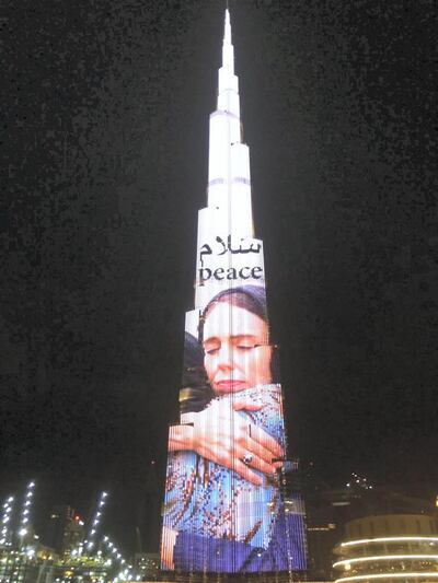 The Burj Khalifa lit up with a picture of Jacinda Ardern last month. Courtesy Dubai Media Office