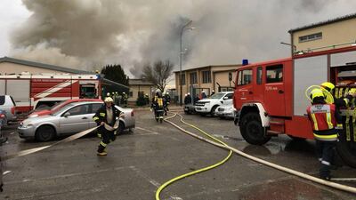 Emergency crews are seen attending to a fire after reports of a gas explosion in Baumgarten, Austria. RKNO / Motz via Reuters