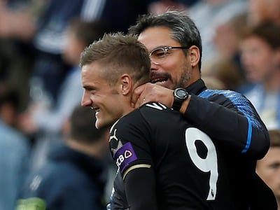 Leicester City striker Jamie Vardy with Huddersfield Town manager David Wagner. Andrew Yates / Reuters