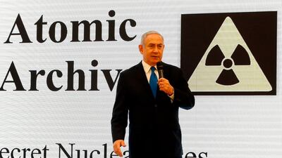 Israeli Prime Minister Benjamin Netanyahu delivers a speech on Iran's nuclear program at the defence ministry in Tel Aviv on April 30, 2018. Netanyahu said that he had proof of a "secret" Iranian nuclear weapons programme, as the White House considers whether to pull out of a landmark atomic accord that Israel opposes. / AFP PHOTO / Jack GUEZ