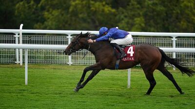 Pinatubo, ridden by James Doyle, wins the Vintage Stakes at Goodwood. Getty