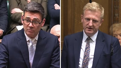 Britain's Prime Minister Andy Burnham and Conservative MP Oliver Dowden. Photo: Parliament TV