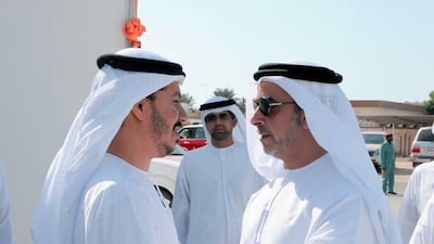 Sheikh Saif bin Zayed, Deputy Prime Minister and Minister of the Interior, extends his condolences to the family of Ahmed Al Tunaiji at a mourning majlis in Al Rams, Ras Al Khaimah, on Monday. Wam