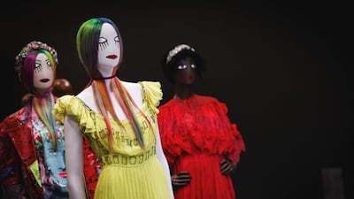 Mannequins dressed with creations by British designer Meadham Kirchhoff. AFP