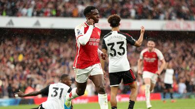Eddie Nketiah celebrates after scoring for Arsenal. Getty