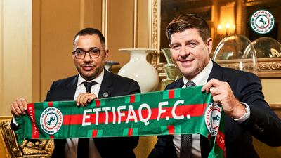 Steven Gerrard is unveiled as the new manager of Al Ettifaq with club president Khaled Al Dabal. Reuters