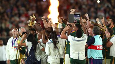 Siya Kolisi of South Africa lifts the Web Ellis cup following his team's victory against England in the Rugby World Cup 2019 Final between England and South Africa at International Stadium Yokohama on November 02, 2019 in Yokohama, Kanagawa, Japan. Getty Images