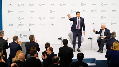 US Secretary of State Marco Rubio stands next to German diplomat and Munich Security Conference chairman Wolfgang Ischinger as he gets a standing ovation after his speech during the Munich Security Conference on Saturday. AFP