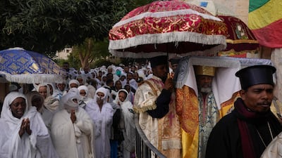 Ethiopian Orthodox Christians attend celebrations marking St Gabriel's annual feast, in the West Bank city of Jericho. AP