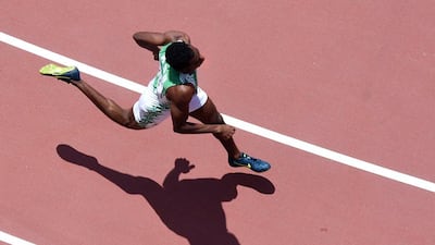 Saudi Arabia's Yousef Ahmed Masrahi shown during his Asian record run in the men's 400-metre heats on Saturday at the 2015 Athletics World Championships in Beijing. Antonin Thuillier / AFP / August 22, 2015