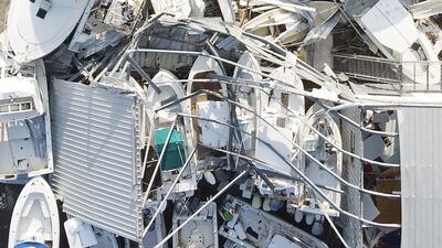An aerial view of view of damaged boats in Hurricane Dorian devastated Elbow Key Island, Bahamas. Getty