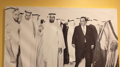 Sheikh Zayed on a tour of Abu Dhabi in 1968. Below, Ahmed Al Jaber, former member of the FNC, who worked closely with Sheikh Zayed in 1966. Courtesy Ahmad Al Jaber