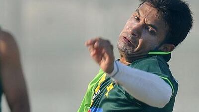 Aizaz Cheema, the Pakistan fast bowler, during nets practice in Dubai on Wednesday.