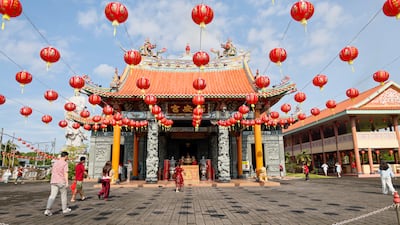 Lunar New Year lanterns decorate the Satya Dharma temple in Bali, Indonesia. EPA