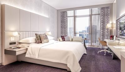 An executive guest room at the new Pearl Rotana hotel in Abu Dhabi. Pearl Rotana