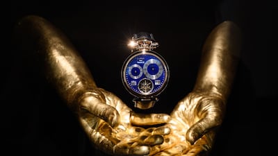 A Virtuoso IX watch model by Swiss watchmaker Bovet is displayed on the opening day of the 28h International Fine Watchmaking Exhibition SIHH, on January 14, 2019 in Geneva. / AFP / Fabrice COFFRINI