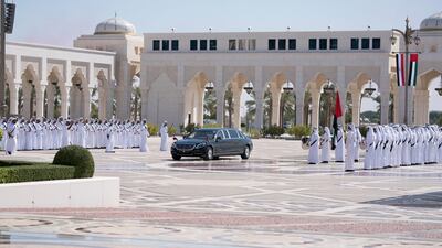 Egypt's President Abdel Fattah El Sisi arrives at Qasr Al Watan to meet Sheikh Mohamed bin Zayed, Crown Prince of Abu Dhabi and Deputy Supreme Commander of the UAE Armed Forces. Courtesy Sheikh Mohamed bin Zayed Twitter