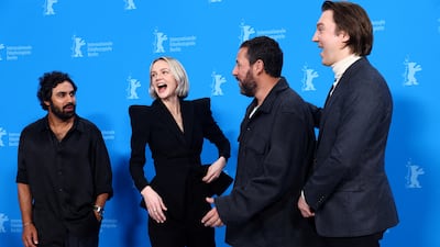 Kunal Nayyar, Carey Mulligan, Adam Sandler and Paul Dano promote the movie 'Spaceman' at the 74th Berlinale International Film Festival in Berlin. Reuters