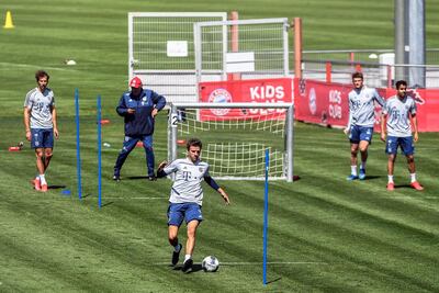 Bayern Munich's Thomas Mueller (front C) and teammates at training. EPA