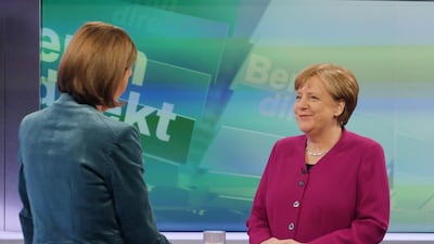 Angela Merkel is interviewed by ZDF journalist Bettina Schausten during the recording of the TV show Berlin Direkt. Thomas Ernst / EPA