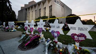 A makeshift memorial outside the Tree of Life Synagogue in Pittsburgh following the deadly shooting in October 2018. AP
