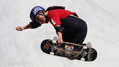 Sakura Yosozumi of Team Japan competes during the Women's Skateboarding Park Finals.