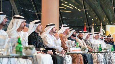 Sheikh Mohammed bin Rashid and Sheikh Mohamed bin Zayed attend an announcement for Aqdar World Summit. Seen with Sheikh Ahmed bin Saeed, President of the Department of Civil Aviation CEO and Chairman of The Emirates Group and Chairman of Dubai World, Sheikh Ahmed bin Mohammed (2nd L), Sheikh Mansour bin Zayed, Sheikh Hamdan bin Mohammed, Sheikh Tahnoon bin Mohammed and Sheikh Saif bin Zayed, Deputy Prime Minister and Minister of Interior. Mohamed Al Hammadi / Ministry of Presidential Affairs