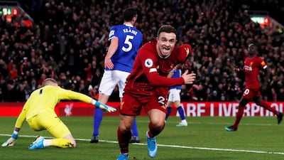 Xherdan Shaqiri celebrates scoring their second goal against Everton. Reuters