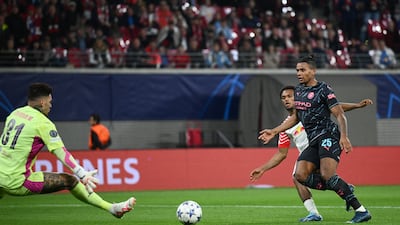 RB Leipzig's Lois Openda scores their equaliser against Manchester City. Reuters