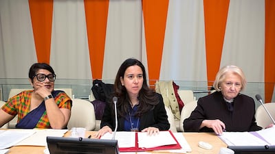 Lana Nusseibeh, centre, the UAE’s permanent representative to the UN, confirms the country’s commitment to tackling violent extremism and strengthening the role of women. Wam