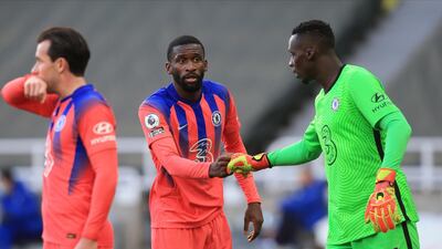 Antonio Rudiger, centre, of Chelsea at St James' park on Saturday. EPA