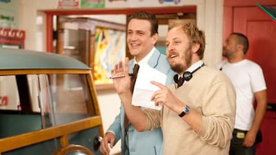 The actor Jason Segel, left, takes direction from the director James Bobin on the set of The Muppets. Scott Garfield / Disney Enterprises, Inc