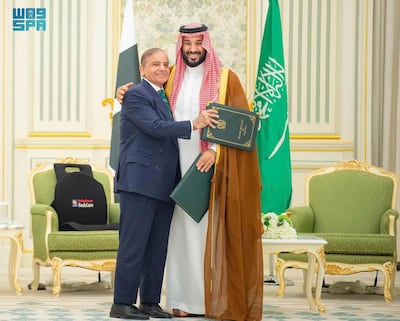 Saudi Crown Prince Mohammed bin Salman and Pakistan Prime Minister Shehbaz Sharif as they sign a defence agreement in Riyadh. Photo: Saudi Press Agency