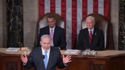 Israel's prime minister Benjamin Netanyahu addresses a joint session of the US Congress. Mandel Ngan / AFP