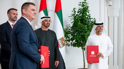 President Sheikh Mohamed and Milojko Spajic, Prime Minister of Montenegro, witness a memorandum of understanding exchange ceremony during a meeting at Al Shati Palace. In attendance, Suhail Al Mazrouei, Minister of Energy and Infrastructure, and Admir Sahmanovic, Minister of Energy and Mining of Montenegro