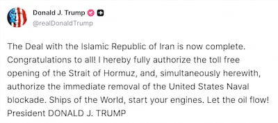US President Donald Trump announces a deal with Iran to end the war.