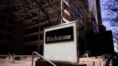 The sign outside the New York headquarters of Blackstone, which manages $1.3 trillion in assets. Bloomberg